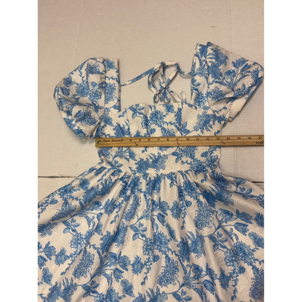 Womens‎ Floral Puff Sleeve Mini Dress S Blue White Toile Jacquard Coquette - Picture 5 of 7